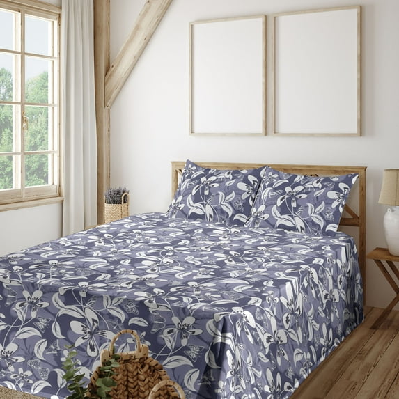 Ambesonne Vintage Fitted & Flat Sheet with Shams 4 Pcs Set, Retro Butterfly Flower Art, Calking, Dark Indigo Grey and White