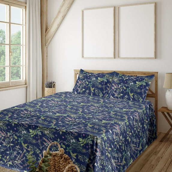Ambesonne Vintage Fitted & Flat Sheet with Shams 4 Pcs Set, Mint Leaves Flowers Plot, King, Peacock Green Navy Blue