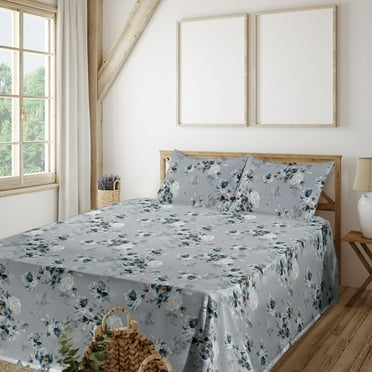 Vintage Sheet Set, Watercolor Style Romantic Summer Peony Like Flowers in Cold Colors, Fitted & Flat Sheet with Pillowcase Bedding Accent 4 Pcs Set, King, Pale Blue Grey and Marigold, by Ambesonne