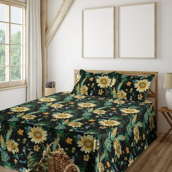 Ambesonne Vintage Fitted & Flat Sheet with Shams 4 Pcs Set, Sunflowers Corns Pattern, Calking, Earth Yellow Fern Green