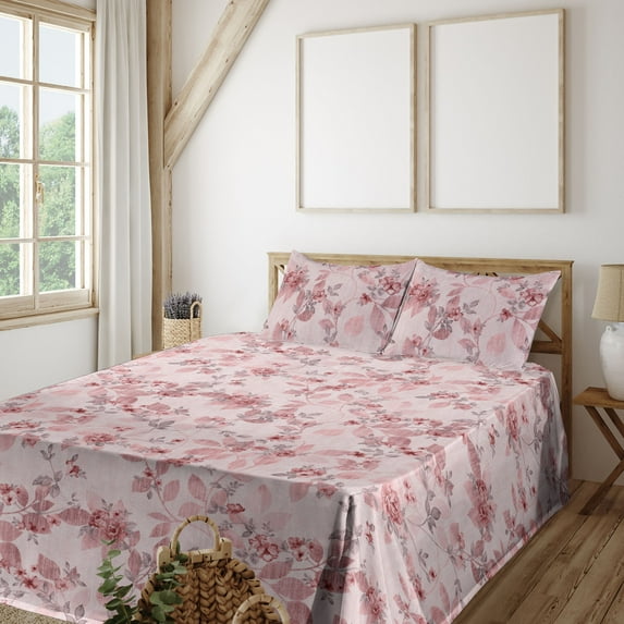 Ambesonne Vintage Fitted & Flat Sheet with Shams 4 Pcs Set, Weathered Effect Floral Art, Queen, Pale Pink and Dried Rose