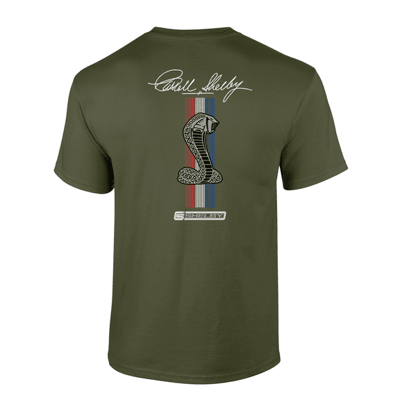 Vintage Shelby Cobra Snake Racing Stripes Front and Back Automotive Design Short Sleeve Adult Graphic T-Shirt-Military-large