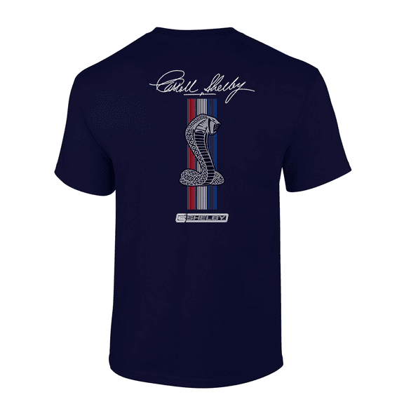Vintage Shelby Cobra Snake Racing Stripes Front and Back Automotive Design Short Sleeve Adult Graphic T-Shirt-Navy-large