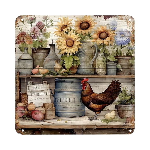 Vintage Shelf Rooster Sunflower Square Metal Tin Sign, Distressed White Wood Grain Rustic Floral Wall Plaque For Farmhouse Kitchen Decor Gift