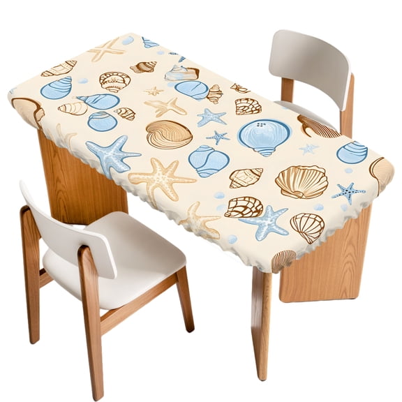 Vintage Shell Fitted Rectangle Tablecloth 24" x 36" Blue Conch Ocean Waves Sea Starfish Elastic Table Cloth Fits for 3 Foot Folding Tables Waterproof Table Cover for Picnic Camping Outdoor