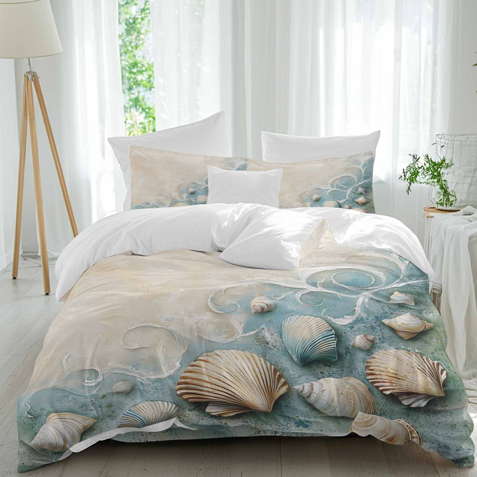 Vintage Shell Full Duvet Cover Set, Ocean Waves 4 Piece Microfiber ...