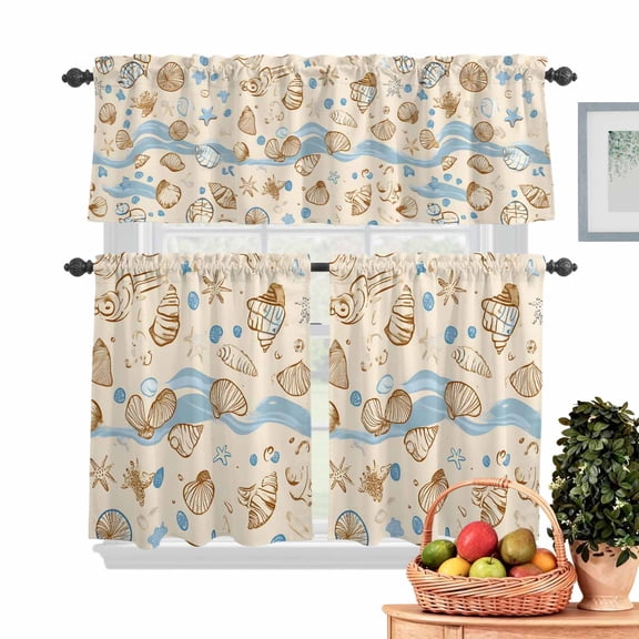 Vintage Shell Kitchen Curtains Valances 3 Piece Set, Brown Conch Starfish Bubble Ocean Waves Rod Pocket Tier Curtain and Valance Drapes for Small Window 24 Inch Length for Bedroom Cafe