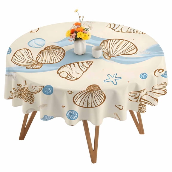 Vintage Shell Round Tablecloth 54 inches Brown Conch Starfish Bubble Ocean Waves Waterproof Oil-Proof Table Cloth Round Table Cover for Holiday Party Picnic Dinner Decor Indoor and Outdoor Use