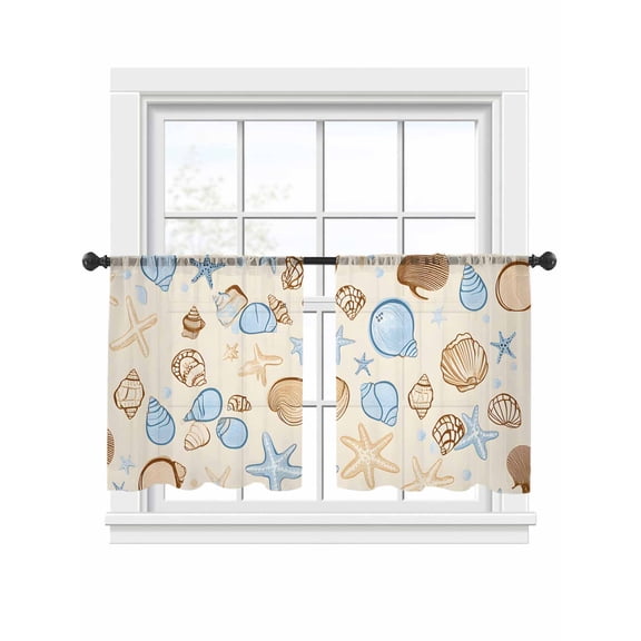 Vintage Shell Sheer Curtains 54 Inch Long 2 Panels, Blue Conch Ocean Waves Sea Starfish Light Filtering Rod Pocket Semi Sheer Curtains, Sheer Voile Drapes for Living Room Bedroom, 52"x54"