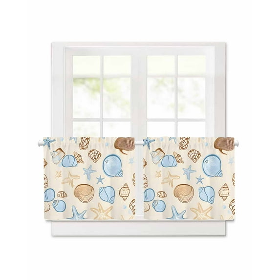 Vintage Shell Short Blackout Curtains 30Inch Long Blue Conch Ocean Waves Sea Starfish Rod Pocket Kitchen Curtains, 2 Panels Thermal Insulated Room Darkening Drapes for Bedroom, 30"W x 30"L
