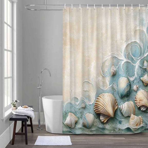 Vintage Shell Shower Curtain for Bathroom Decor, Ocean Waves Waterproof Fabric Shower Curtain, 54"x78" Set with 12 Hooks