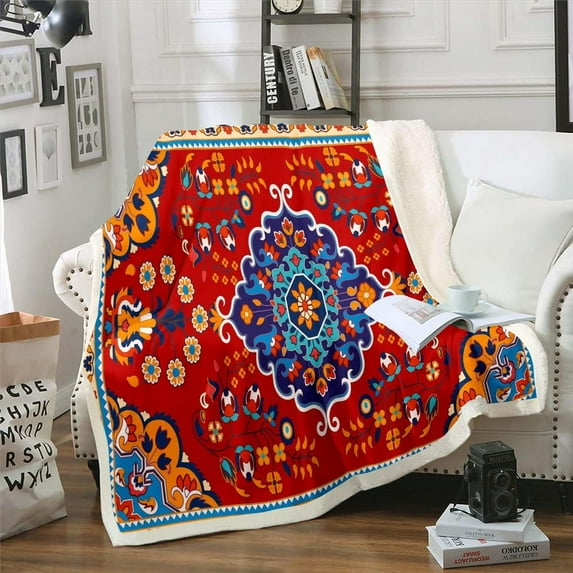 Vintage Sherpa Blanket Persian Blanket, Blue Oriental Medallion Throw Blanket for Chair Boho Turkish Fleece Blanket 40x50 Size, Himalayas Bohemian Plush Blanket Microfiber Cozy Red Decoratives