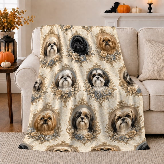 Vintage Shih Tzu Portrait Gallery, Cozy Pet Portrait Pattern, Warm Flannel Blanket for Living Room and Bedroom, Dog Lovers Just Because Gift, Pet Lover Home Decor