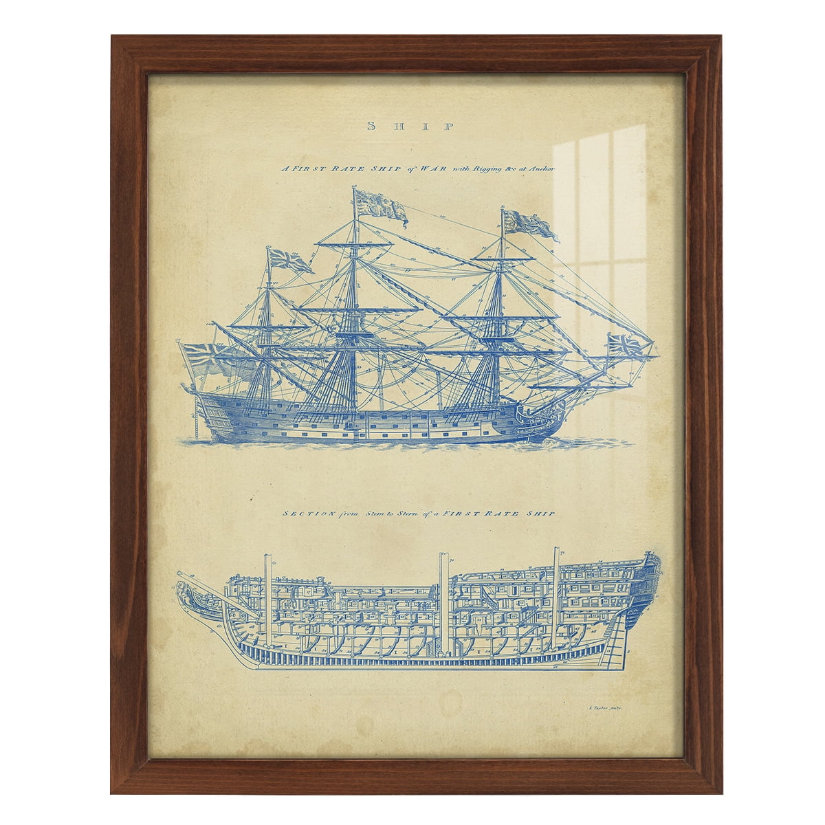 Vintage Ship Blueprint -Framed Print w/glass-Chestnut