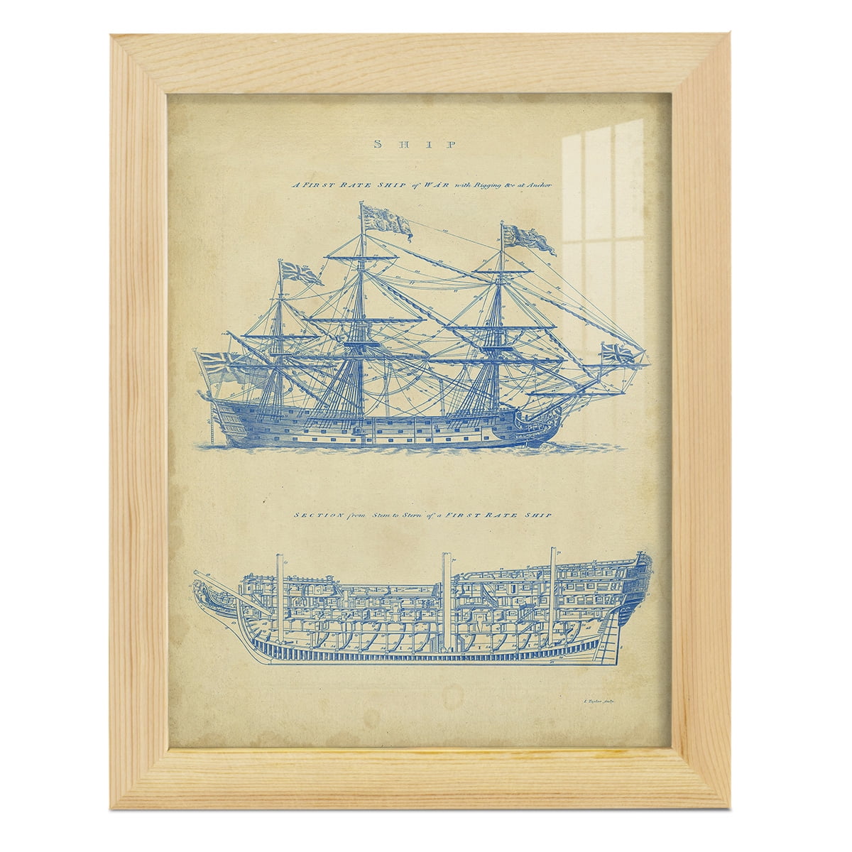 Vintage Ship Blueprint -Framed Print w/glass-Natural Wood