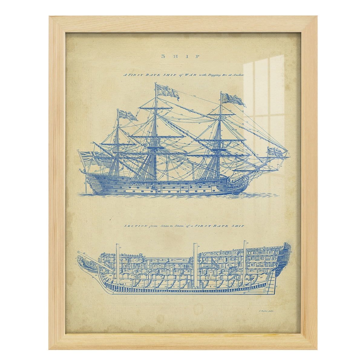 Vintage Ship Blueprint -Framed Print w/glass-Natural Wood