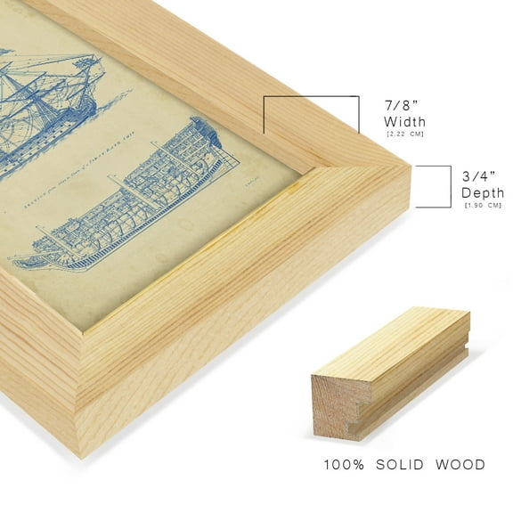 Vintage Ship Blueprint -Framed Print w/glass-Natural Wood