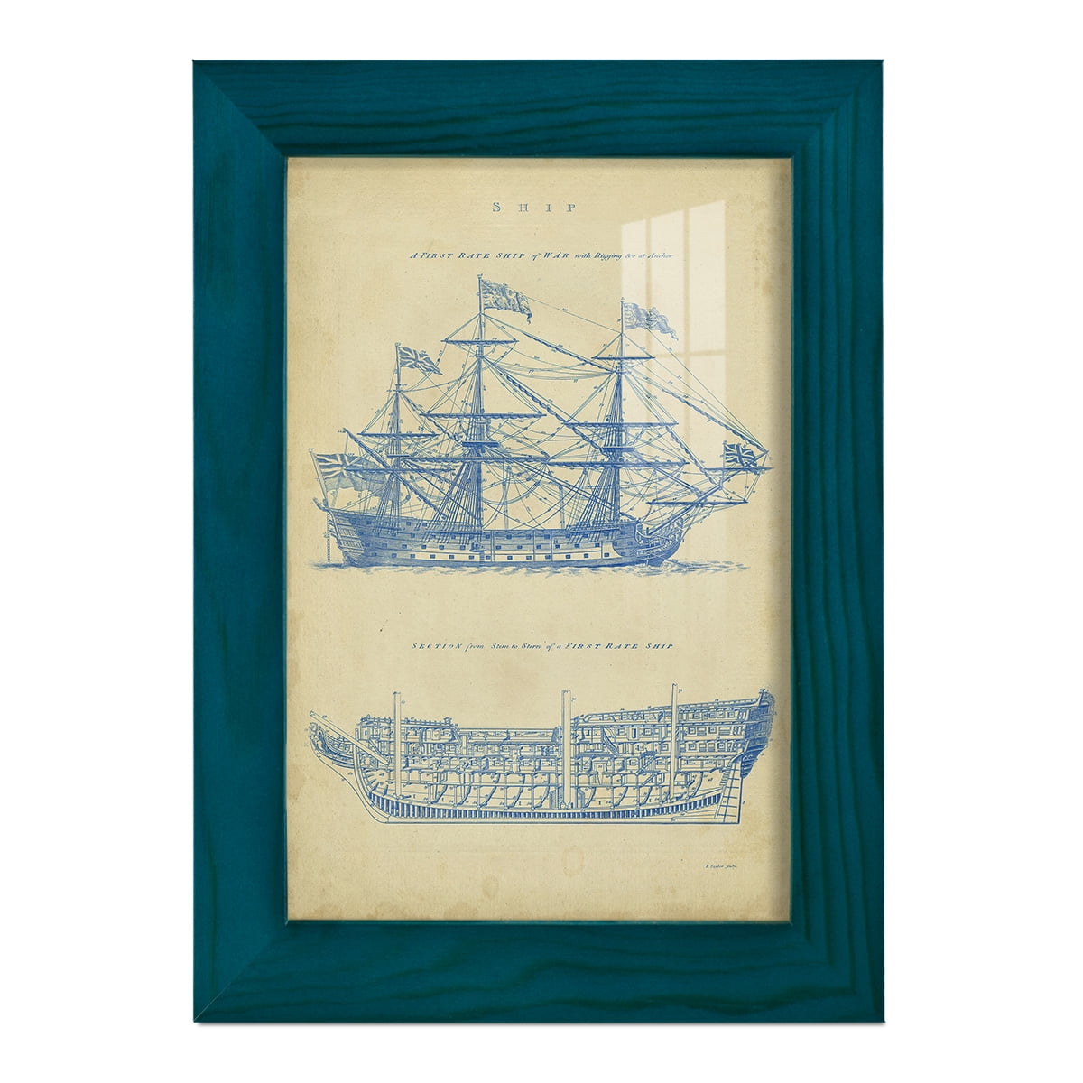 Vintage Ship Blueprint -Framed Print w/glass-Ocean Blue