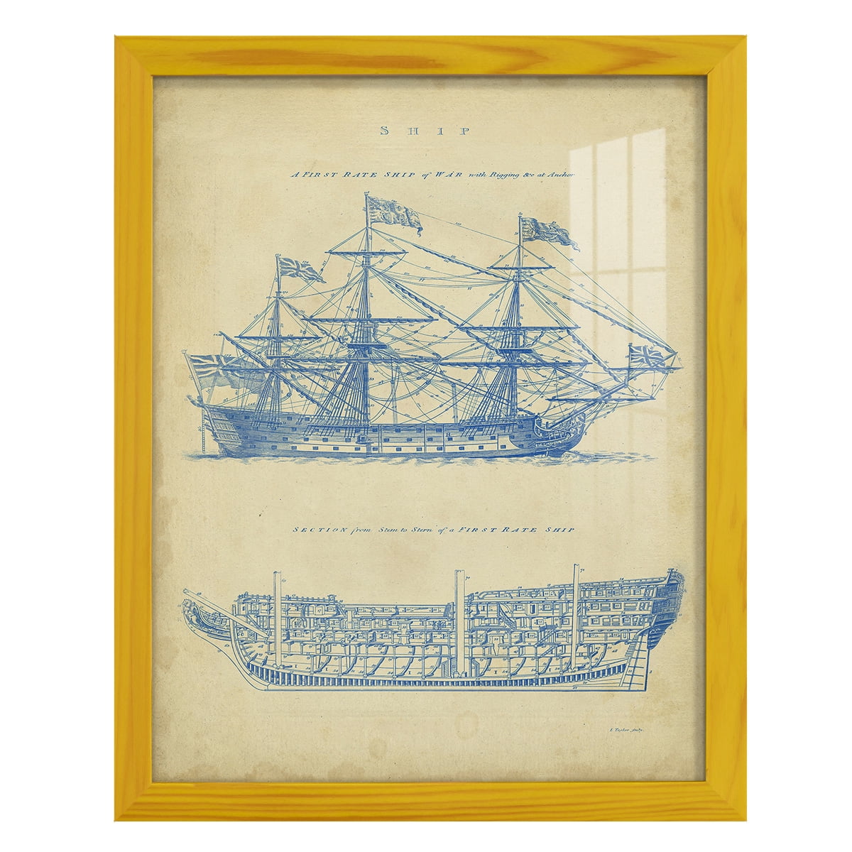 Vintage Ship Blueprint -Framed Print w/glass-Sunflower Yellow