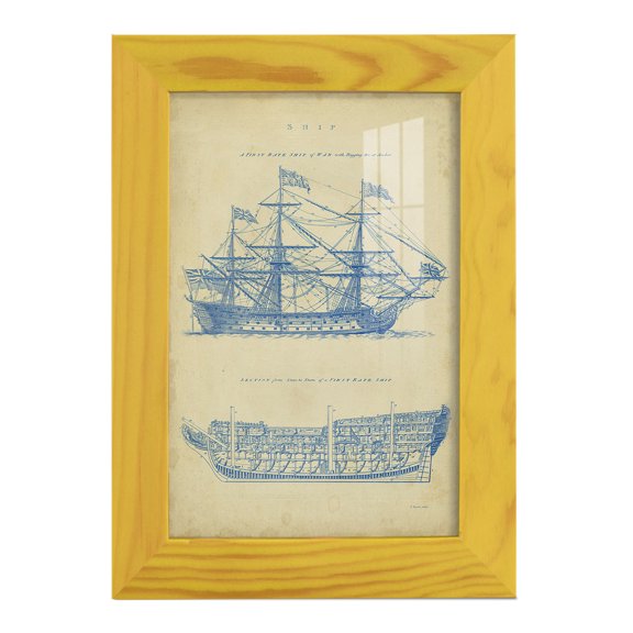 Vintage Ship Blueprint -Framed Print w/glass-Sunflower Yellow