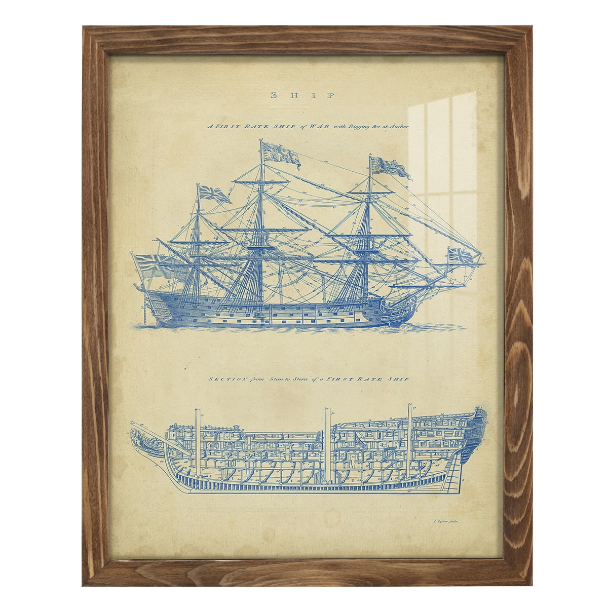 Vintage Ship Blueprint -Framed Print w/glass-Walnut
