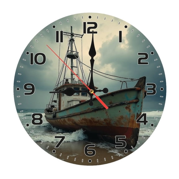 Vintage Ship Boat Ocean Wall Clock 10 Inch Silent Non Ticking Round Clock Decoration for Living Room Kitchen Bedroom Bathroom Office Classroom