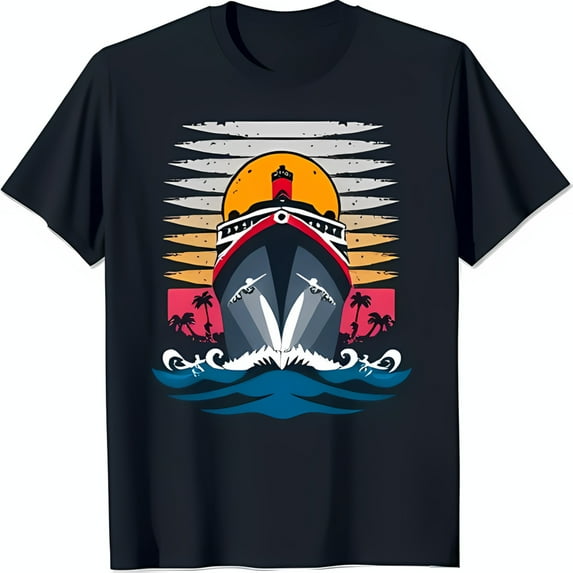 Vintage Ship Graphic on Black T-Shirt Sunset Design for Beach Lovers