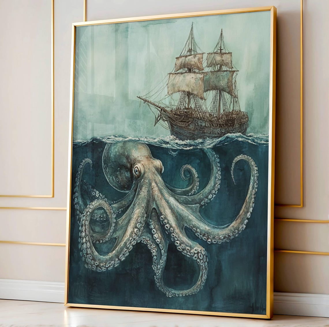 Vintage Ship Poster, Octopus And Ship Ocean Art, Giant Octopus Wall ...