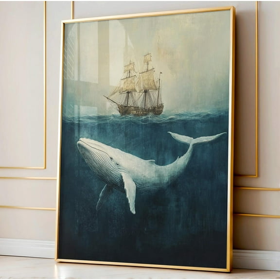 Vintage Ship Poster, Whale And Ship Ocean Art, Giant Whale Wall Print, Majestic Whale Decor, Nautical Home Art, Retro Maritime Artwork Wall Art, Modern Wall Decor, 12x18 UNFRAMED