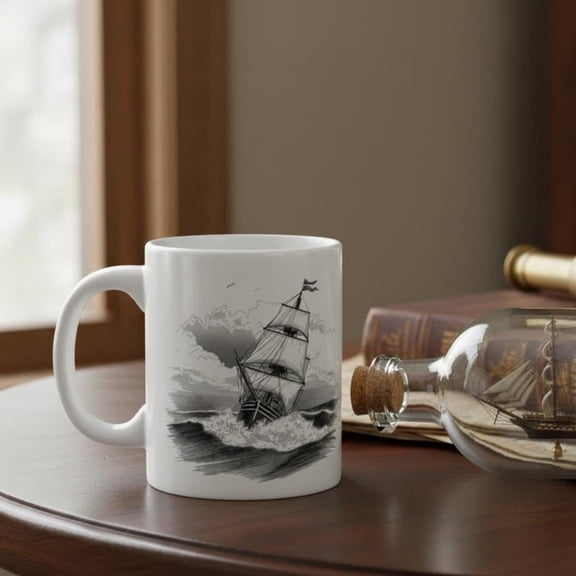 Vintage Ship in Storm Mug Nautil Sailing Aroffee Mug Ocean Sea Illustration Cup Maritime Aesthetic Gift Sailor Lover Mug.