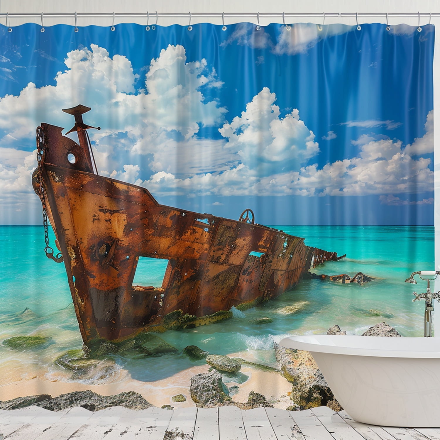 Vintage Shipwreck Beach Shower Curtain Realistic Style Rusty Metal ...