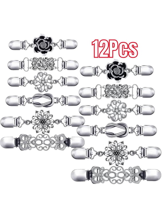 Vintage Shirt Dress Clips - 12 Pack Waist Cinching Clips for Cardigans, Shawls & Jackets | Decorative Brooch-Style Clothing Clips for Women