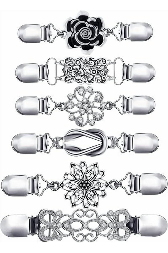 Vintage Shirt Dress Clips - 6 Pack Waist Cinching Clips for Cardigans, Shawls & Jackets | Decorative Brooch-Style Clothing Clips for Women
