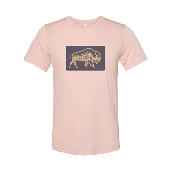 "Vintage Shirt, Mountain Buffalo, Bison Shirt, Unisex Fit, Soft Bella T, Mountain Shirt, Wildlife Tee, Gift For Him, Boho Shirt, Mountains, Peach, SMALL"