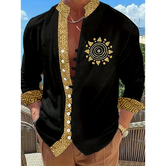 Vintage Shirts for Men Casual Button Shirts Summer Cotton Linen Beach Long Sleeve Shirts Top Black 3XL