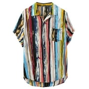Vintage Shirts for Men Colorful Striped Short Sleeve Summer Button Up Hawaiian Beach Vacation Shirts with Pocket