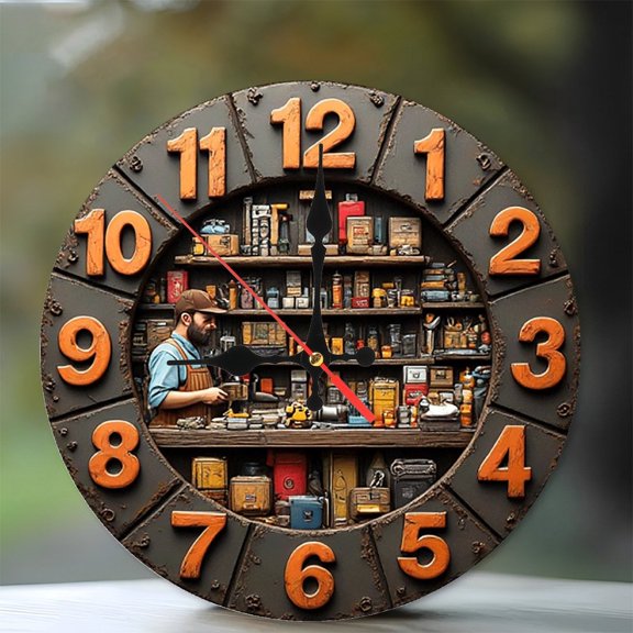 Vintage Shop Workshop Clock Wall Decor 10-Inch Silent Wooden Wall Clock, Battery Operated (AA Batteries Not Included), Artistic Home Decor