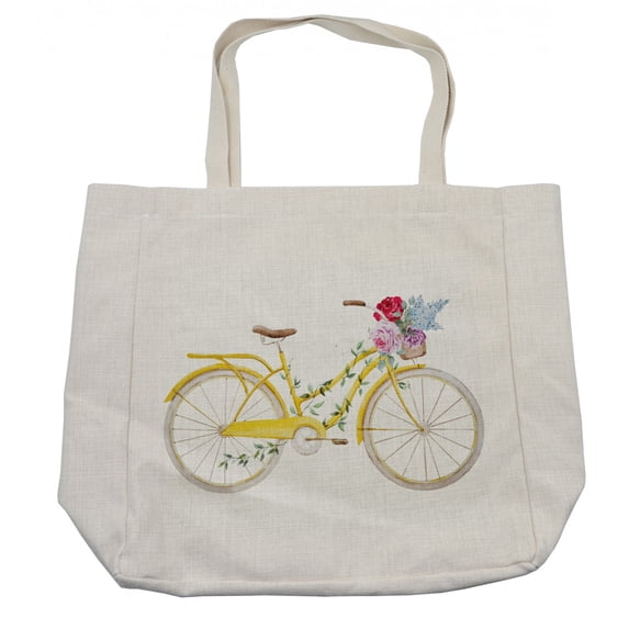 Vintage Shopping Bag, Watercolor Style Effect Bicycle Leaves and Flowers in the Basket Pattern, Eco-Friendly Reusable Bag for Groceries Beach and More, 15.5" X 14.5", Cream, by Ambesonne