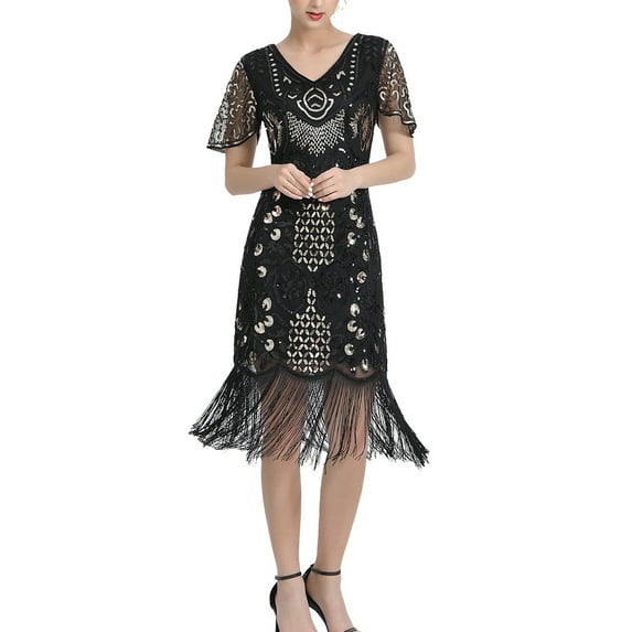 Vintage Short Sleeve V Front V Back Women'S Sequin Fringe Flapper Dress