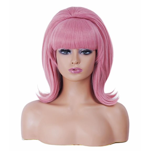 Vintage Short Wavy Pink Wig with Bang Retro Bouffant Beehive Wigs fits 60s 70s 80s Costume or Halloween Party pink
