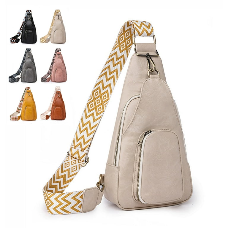 Vintage Shoulder Bag PU Leather Chest Bag for Outdoor Shopping Leisure Women Crossbody Sling Backpack Beige