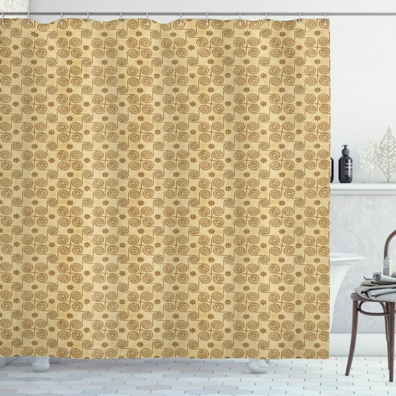 Vintage Shower Curtain, Art Deco Inspired Spiral Vortex Pattern with Repeating Curls and Flowers Print, Fabric Bathroom Set with Hooks, 69W X 84L Inches Extra Long, Tan and Caramel, by Ambesonne