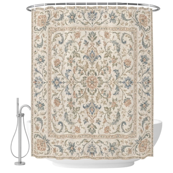 Vintage Shower Curtain for Bathroom, Classic Floral Scrolls Botanical Vines Damask Border Waterproof Cloth Fabric Bathroom Accessories Set with 9 Rust Proof Plastic Hooks, 36"x72"