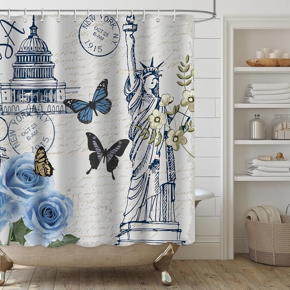 Vintage Shower Curtain Butterfly Blue Flowers Rose Shower Curtain Set with 12 Hooks, Water-Repellent Quick-Dry Bathroom Shower Curtains, 72x72 in