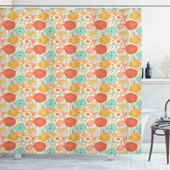 Vintage Shower Curtain, Cheerful Gardening Plants Pattern in Doodle Art Style Retro Romantic Composition, Fabric Bathroom Set with Hooks, 69W X 84L Inches Extra Long, Multicolor, by Ambesonne