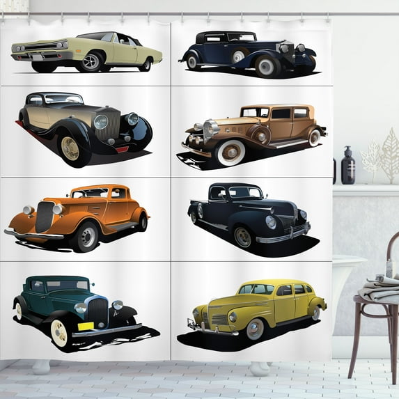 Vintage Shower Curtain Collage of Fifties Car Print for Bathroom 70 Inches Long