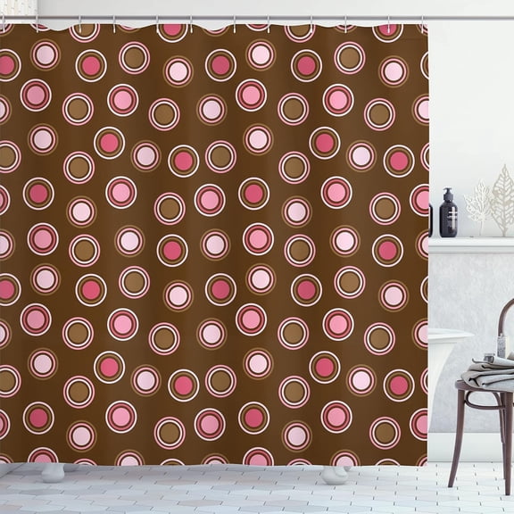 Vintage Shower Curtain, Nostalgic Polka Dots with Large Retro Style Old Fashioned Rounds Graphic, Cloth Fabric Bathroom Decor Set with Hooks, 72" W x 72" L, Brown Pink