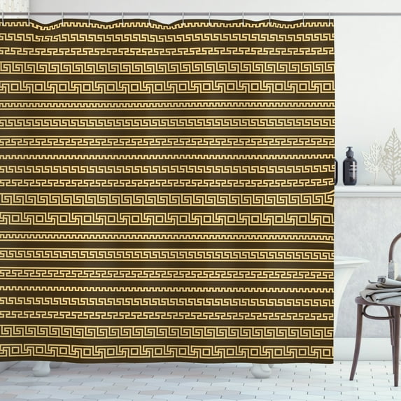 Vintage Shower Curtain, Repetitive Meander Pattern as Horizontal Lines in Bicolour Style, Fabric Bathroom Set with Hooks, 69W X 75L Inches Long, Pastel Brown and Dark Cocoa, by Ambesonne