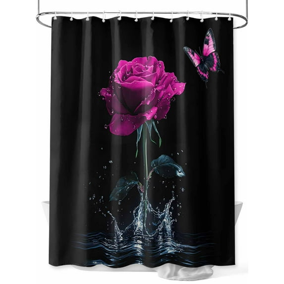 Vintage Shower Curtain, Rose Butterfly Splash Bathroom Decor Curtains Set with Hooks, Electric Lavender Waterproof Fabric Home Accessories, 72 X 78 Inch Long