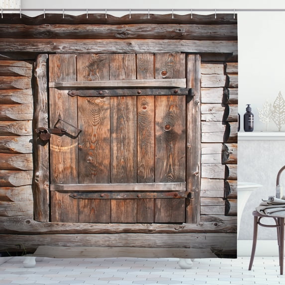 Vintage Shower Curtain, Rustic Wooden Door of Old Barn in Farmhouse Countryside Village Aged Rural Life Image, Fabric Bathroom Set with Hooks, 69W X 84L Inches Extra Long, Brown, by Ambesonne